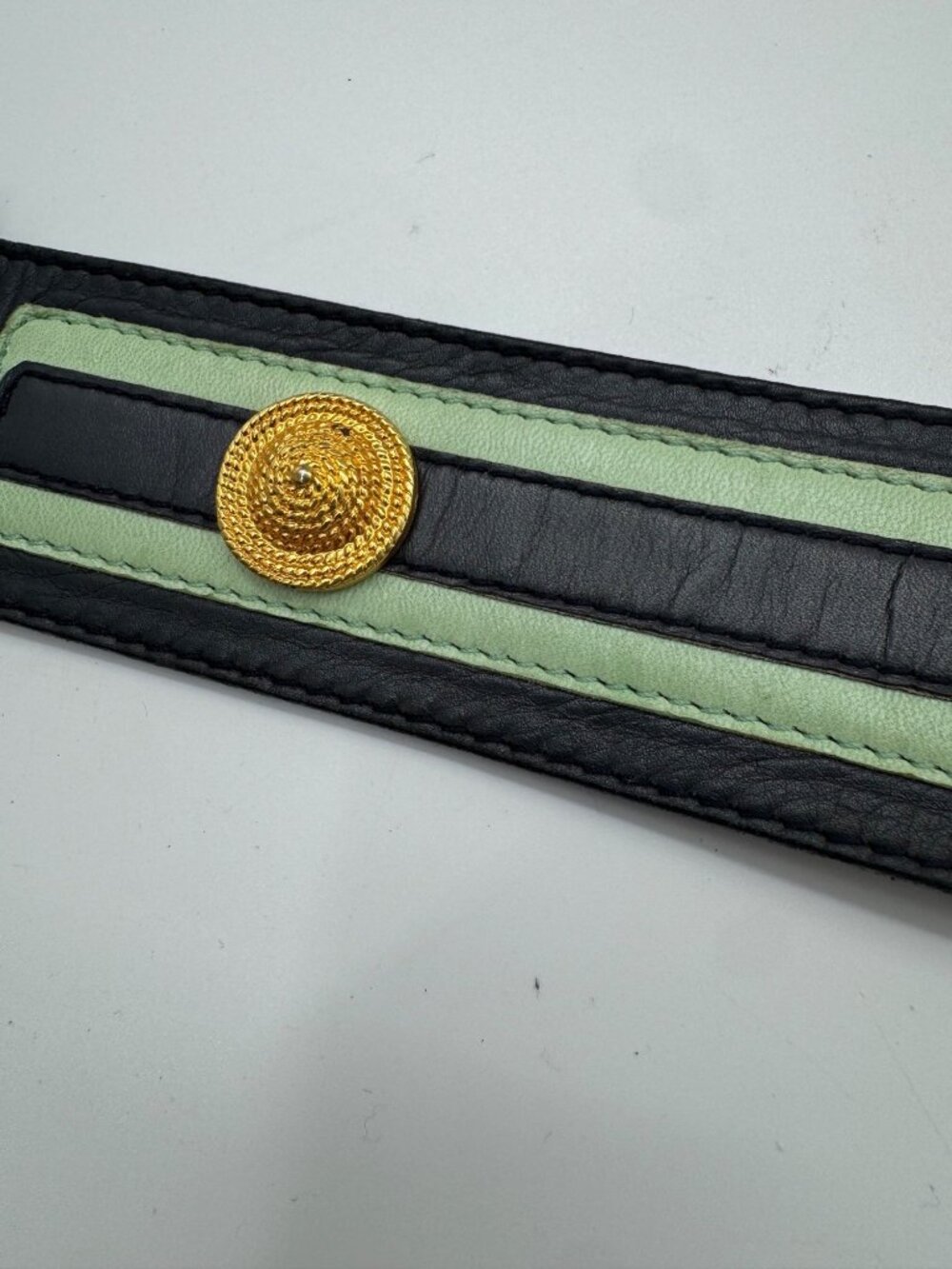Vintage Escada Belt West Germany Navy/Green Gold Medallion Leather Belt EU 38 /S - Picture 11 of 12